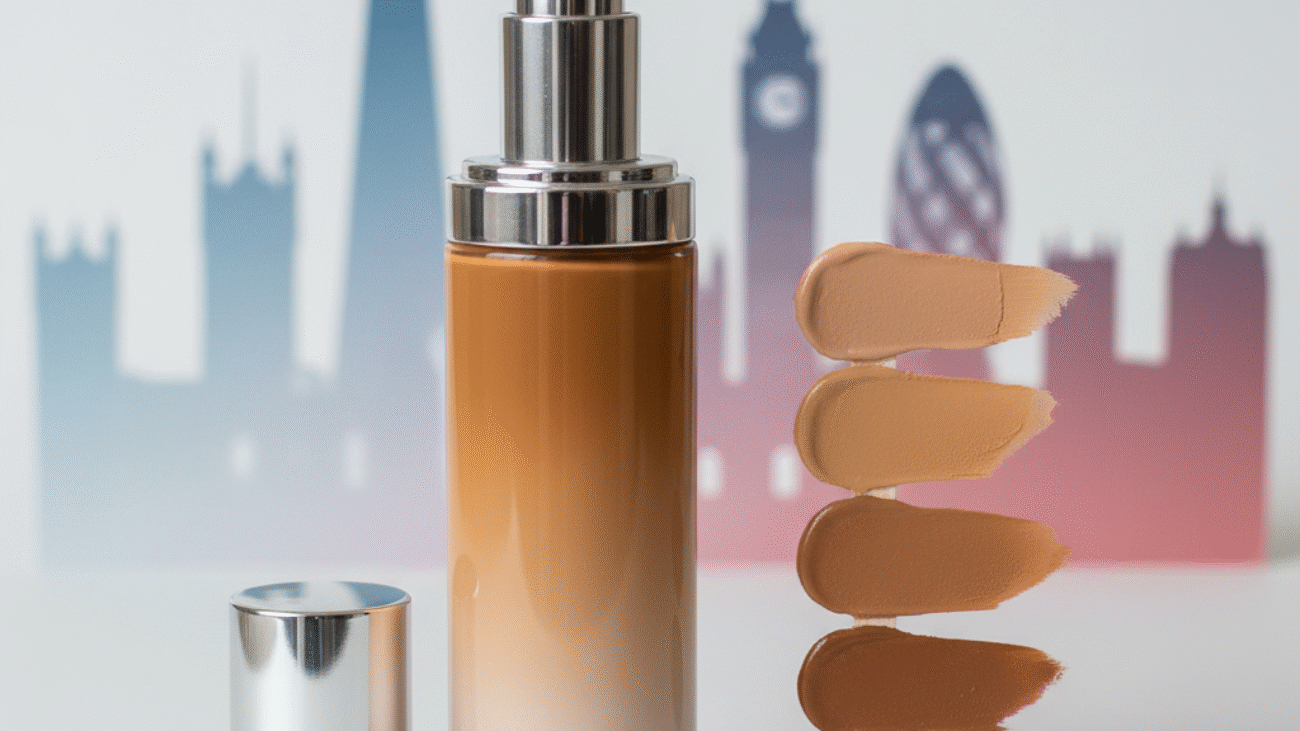 Colour-changing foundation bottle with shifting shades, UK theme, and diverse skin tone swatches shown.