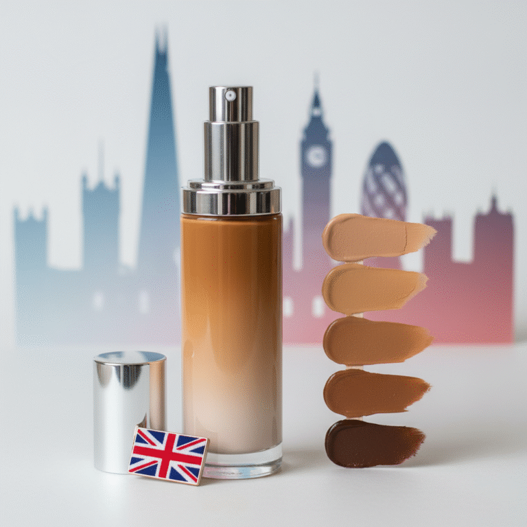 Colour-changing foundation bottle with shifting shades, UK theme, and diverse skin tone swatches shown.