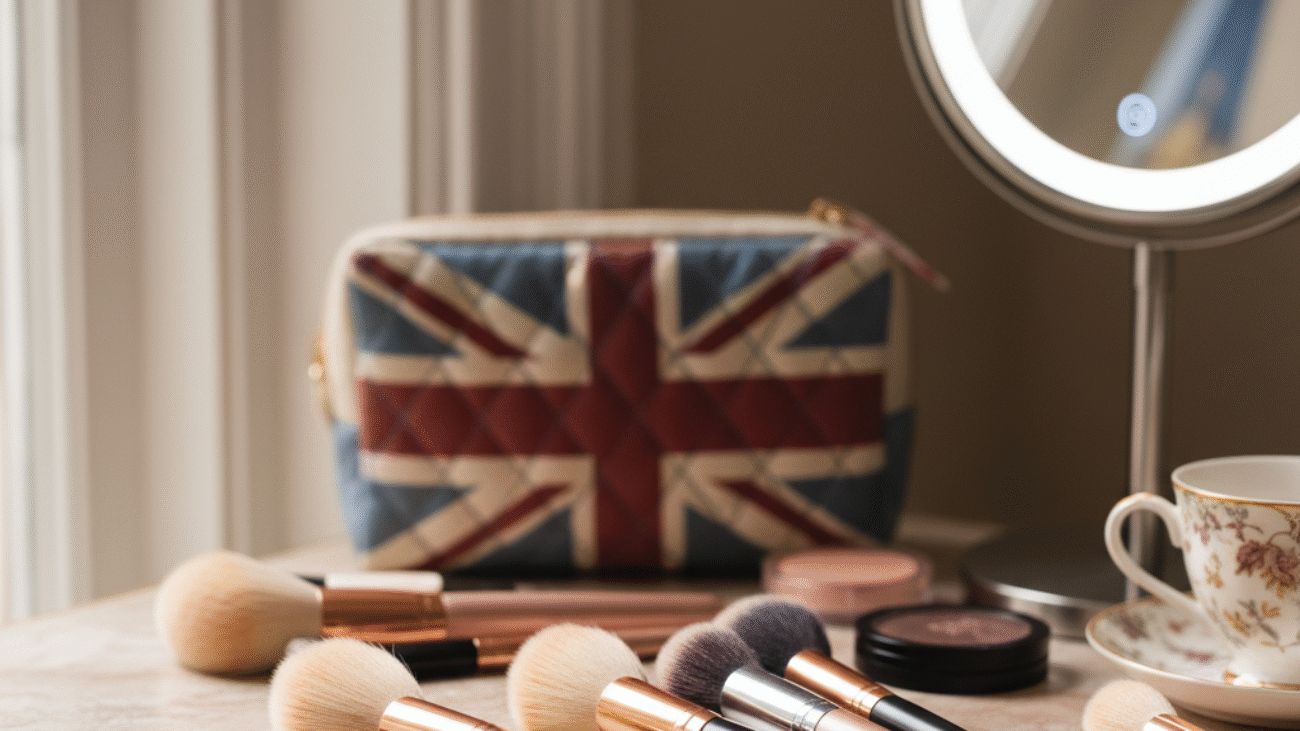 Premium foundation brushes on a stylish UK vanity with British accents, featured in a 2024 beauty guide.