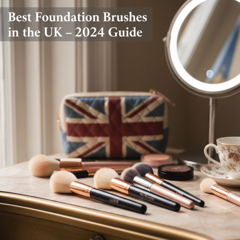 Premium foundation brushes on a stylish UK vanity with British accents, featured in a 2024 beauty guide.