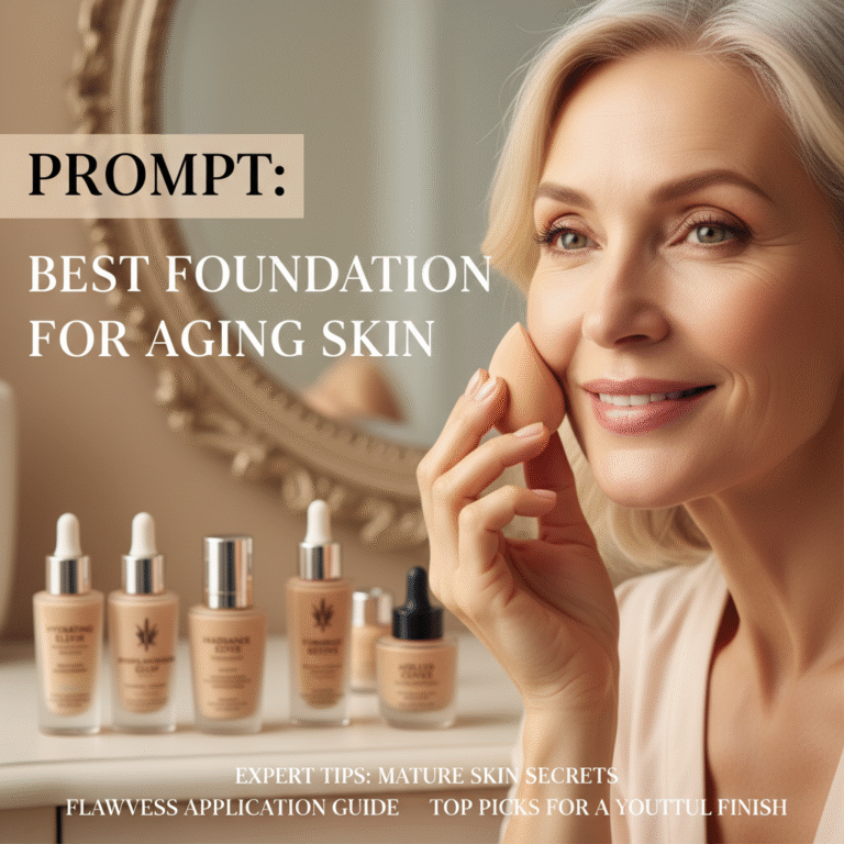 alt_text Confident mature woman applies foundation, showcasing radiant skin and top picks for aging complexions.