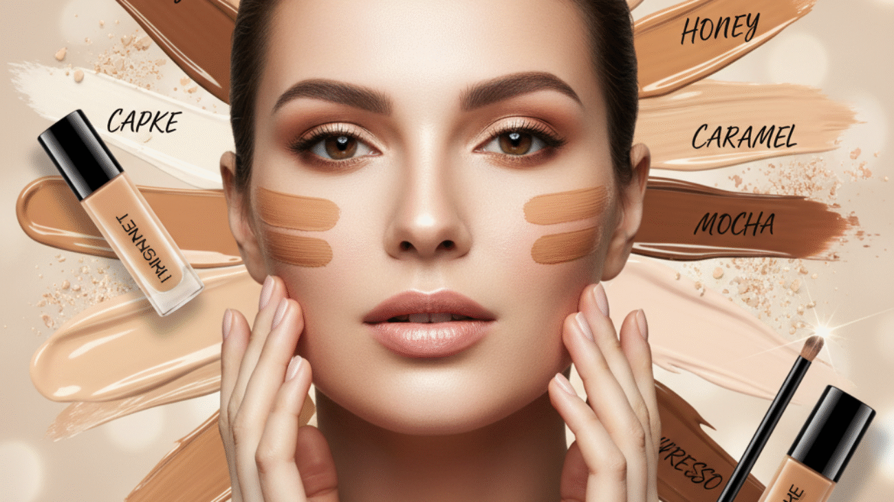 alt_text: Elegant model with flawless makeup showcases best heavy coverage foundations for all skin tones.