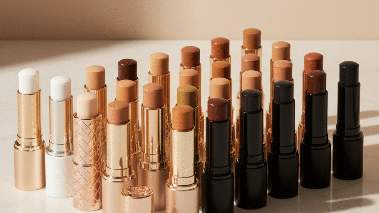 alt_text Luxurious stick foundations in diverse shades, elegantly displayed on a minimal, well-lit background.