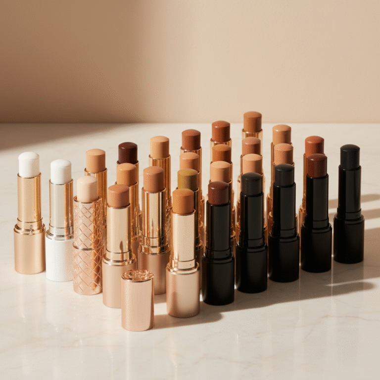 alt_text Luxurious stick foundations in diverse shades, elegantly displayed on a minimal, well-lit background.