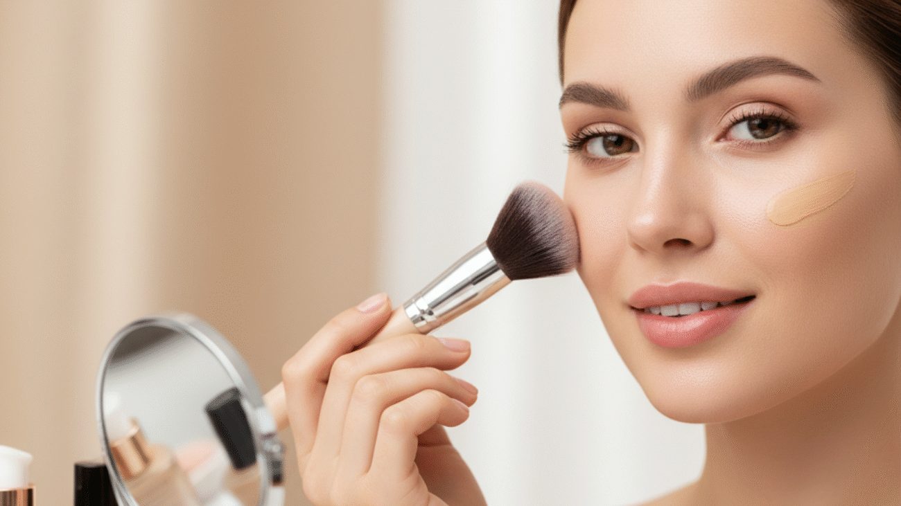 Woman applying foundation with a brush, surrounded by makeup tools, showing flawless skin technique.