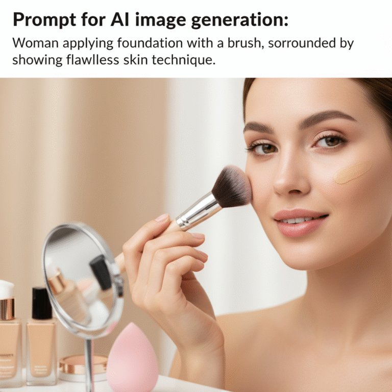 Woman applying foundation with a brush, surrounded by makeup tools, showing flawless skin technique.