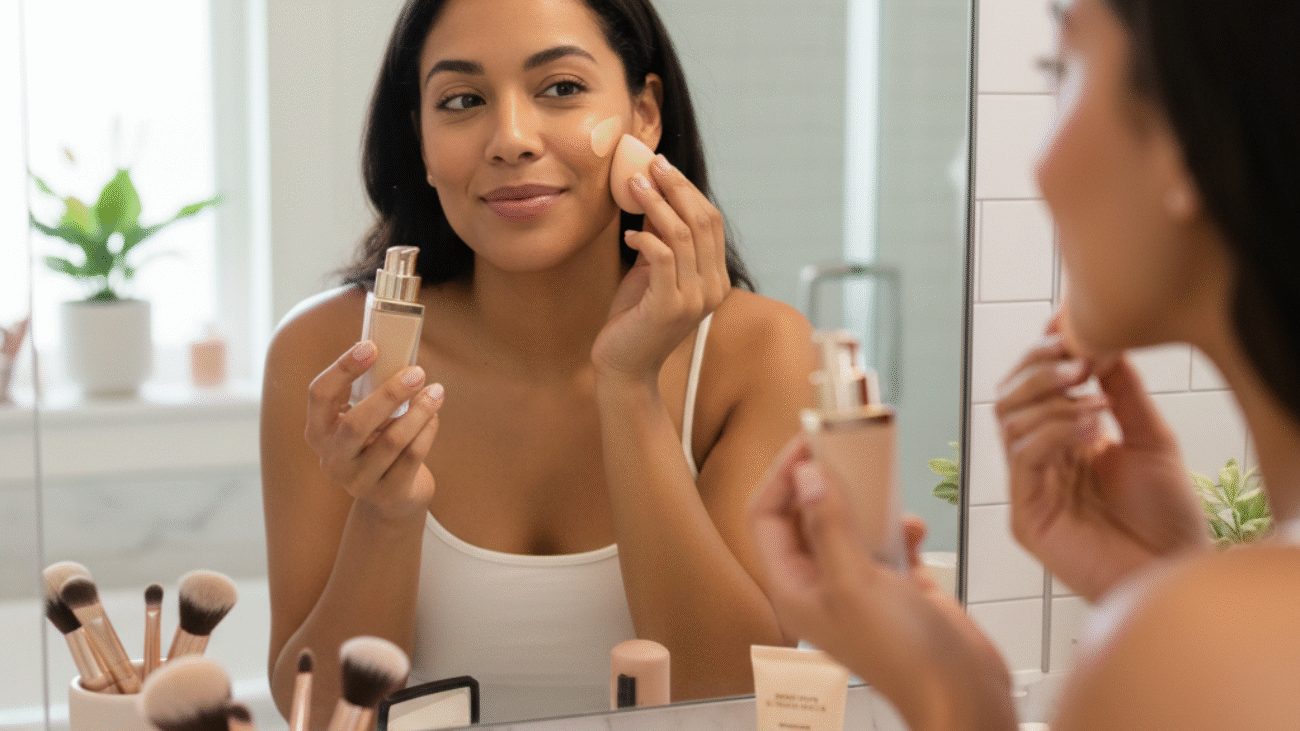 alt_text Woman applying foundation with a sponge in a bright bathroom, surrounded by makeup essentials.