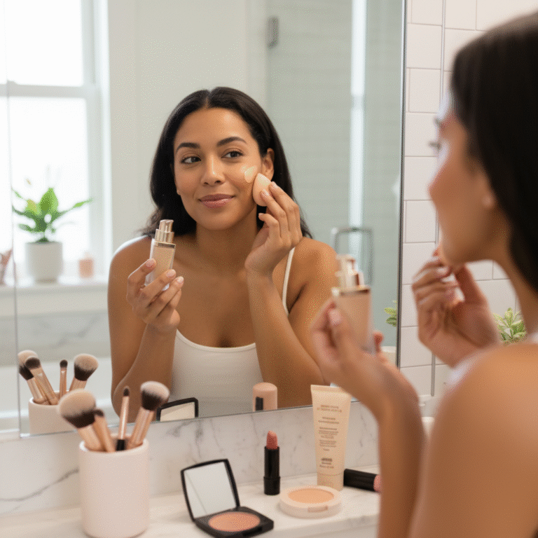 alt_text Woman applying foundation with a sponge in a bright bathroom, surrounded by makeup essentials.