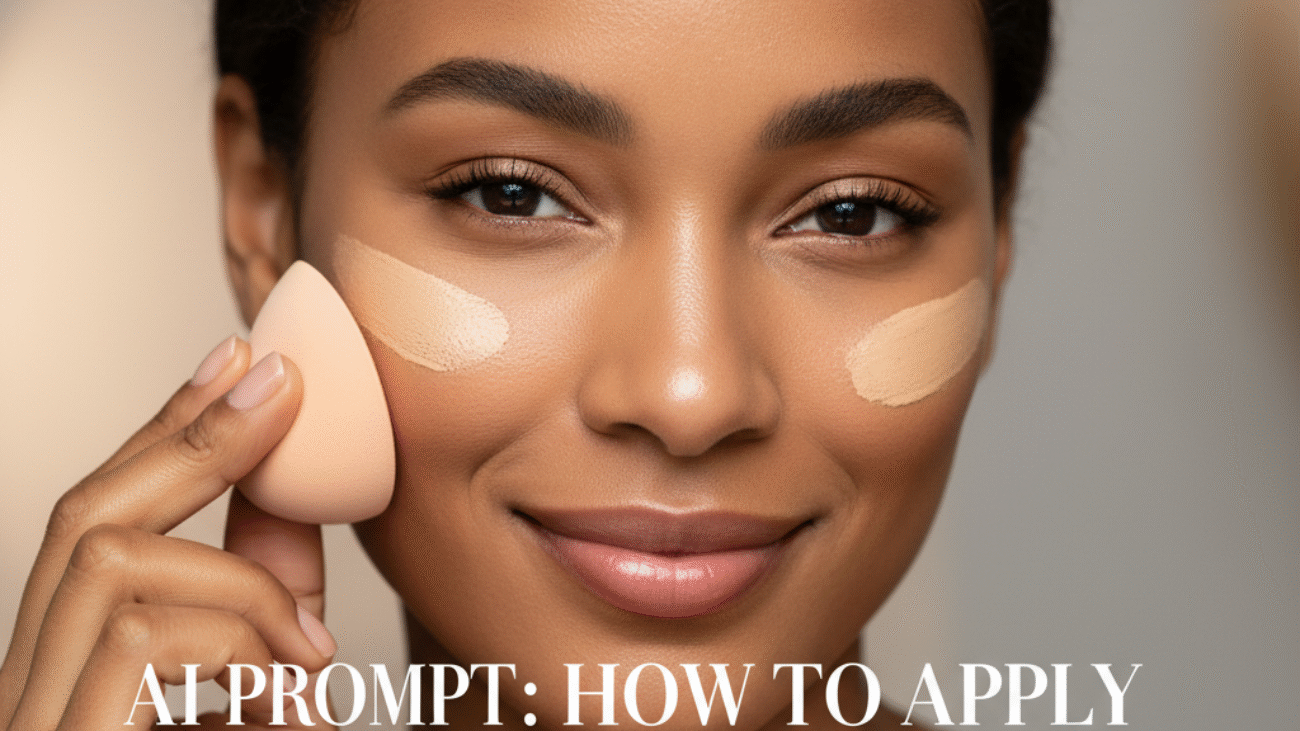 Confident woman applying foundation, flawless skin, magazine cover with makeup tips in modern style.