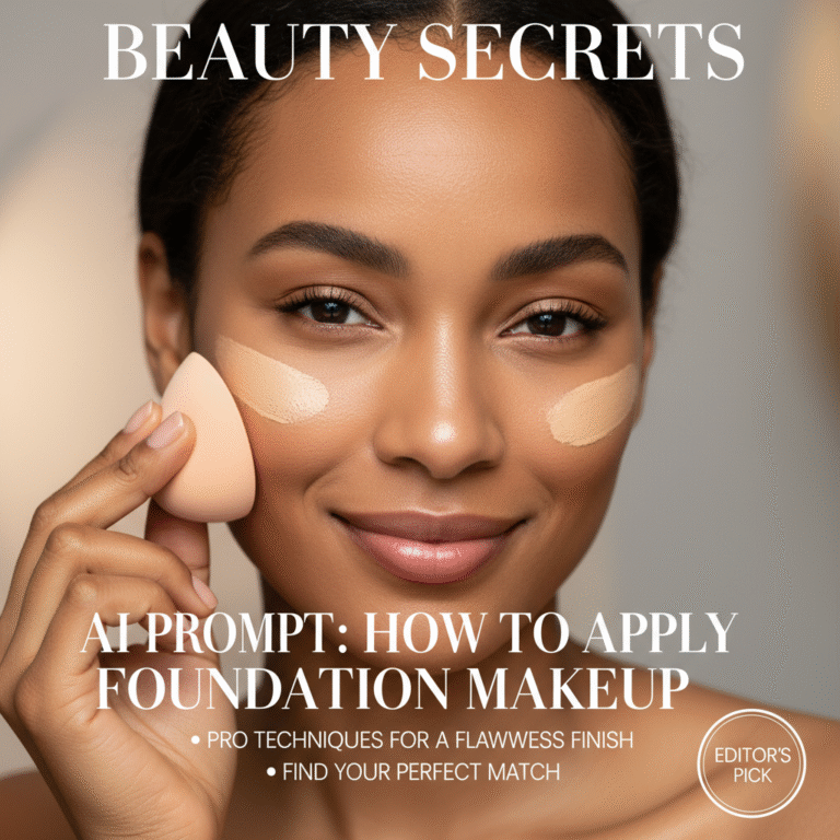 Confident woman applying foundation, flawless skin, magazine cover with makeup tips in modern style.