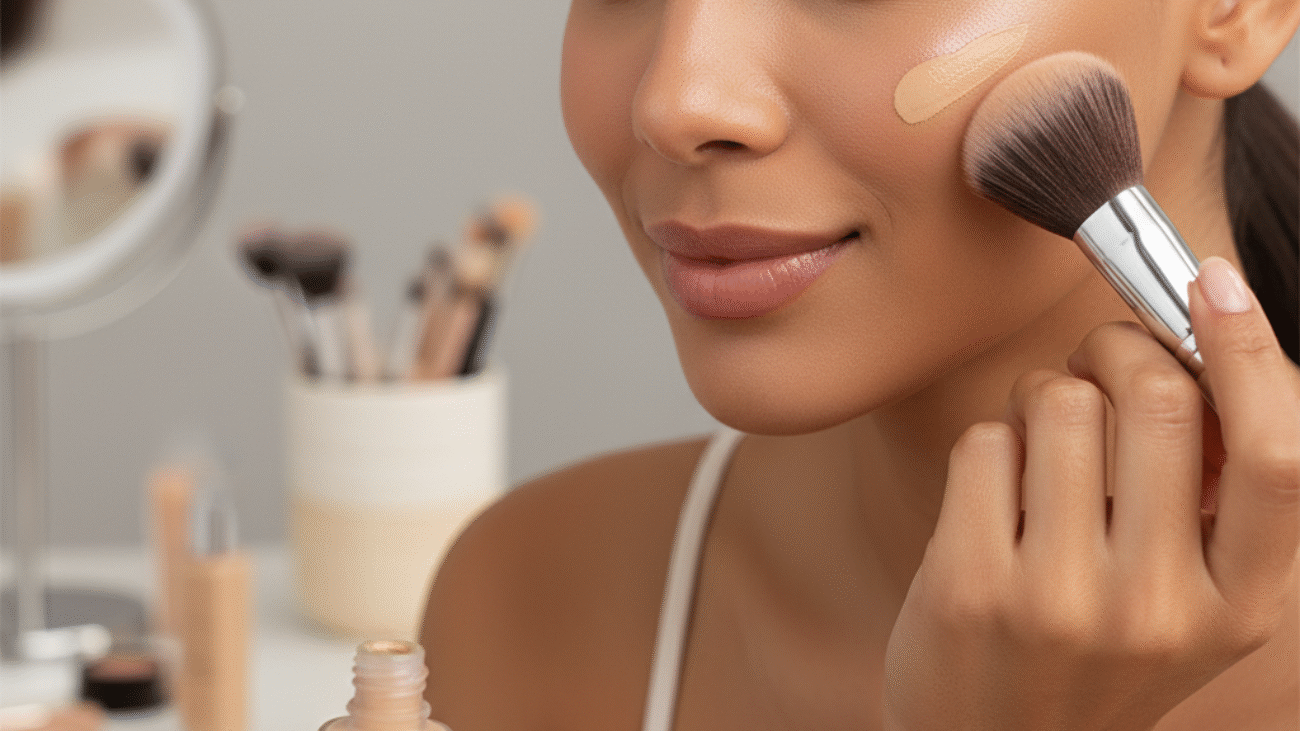 alt_text Young woman with glowing skin applies liquid foundation to her cheek using a brush in a bright setting.