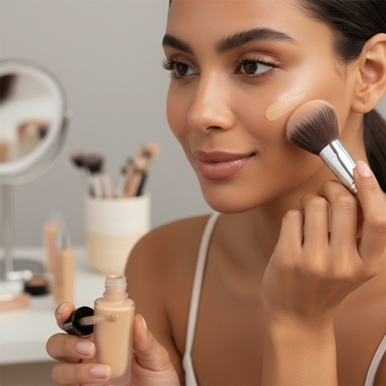 alt_text Young woman with glowing skin applies liquid foundation to her cheek using a brush in a bright setting.