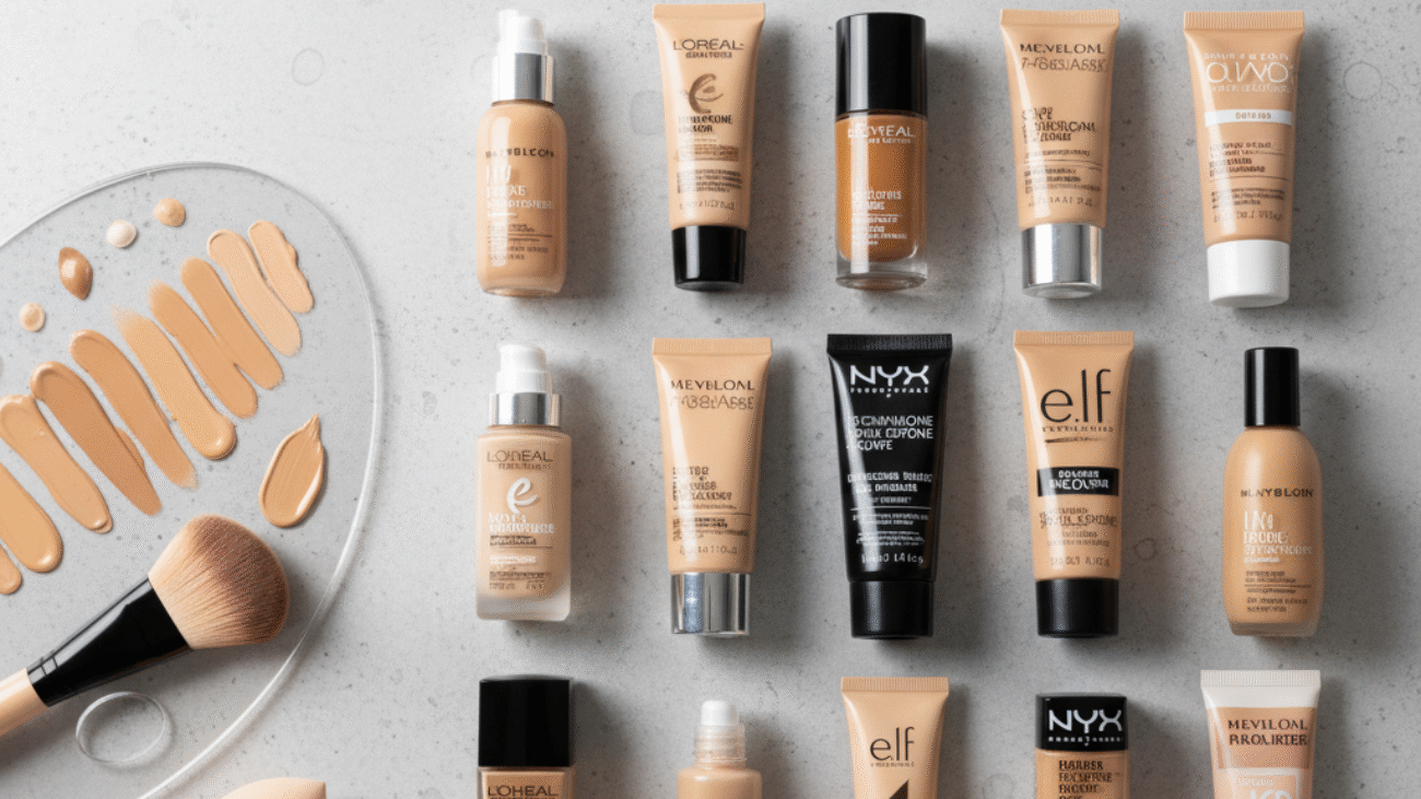 Drugstore foundations in diverse shades neatly arranged, highlighting affordable, inclusive beauty picks.