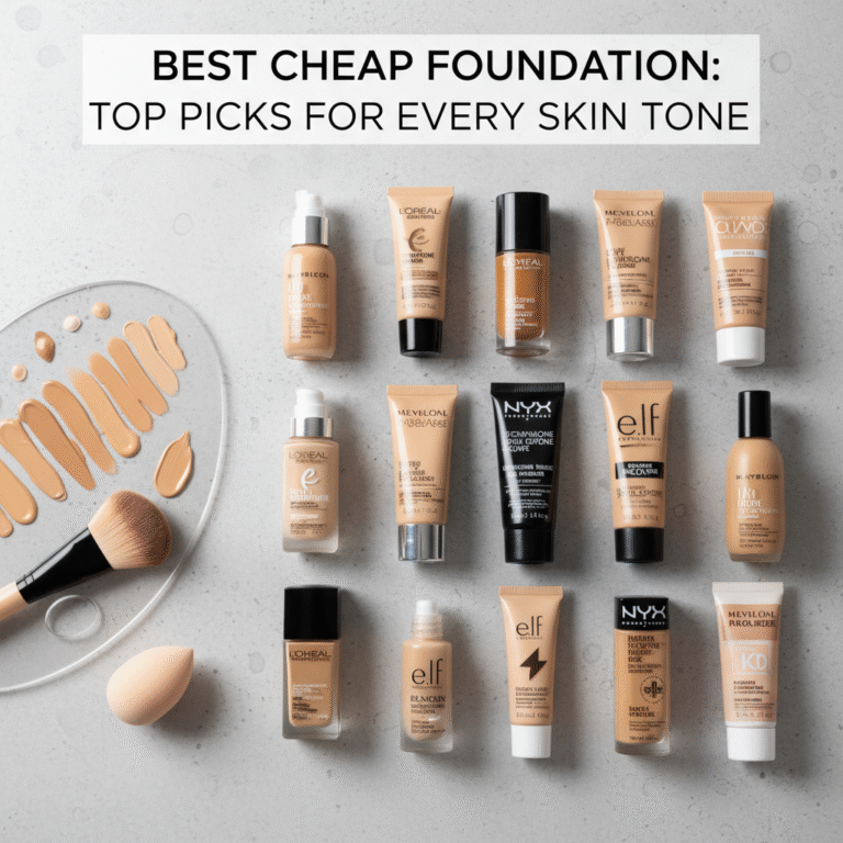Drugstore foundations in diverse shades neatly arranged, highlighting affordable, inclusive beauty picks.