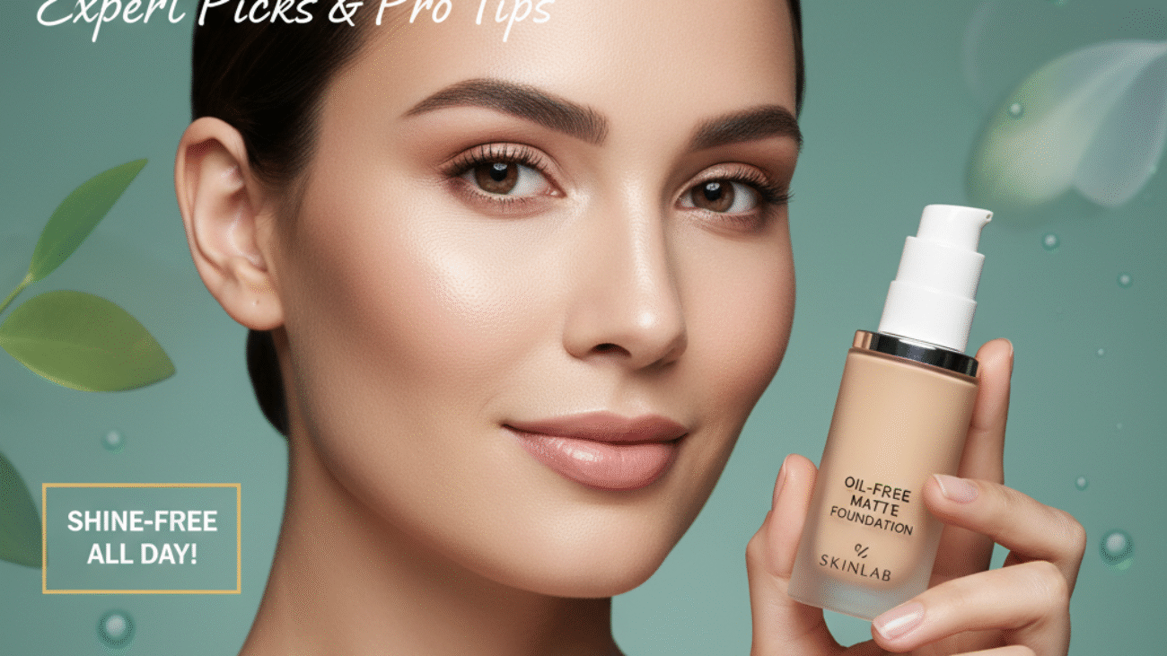 Confident woman with flawless matte skin holds foundation; cover highlights best picks for oily skin.
