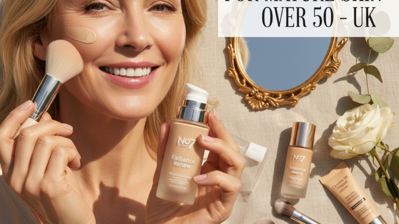 Mature woman applying UK foundation, radiant skin, elegant flat-lay, "Best Foundation for Over 50 – UK"