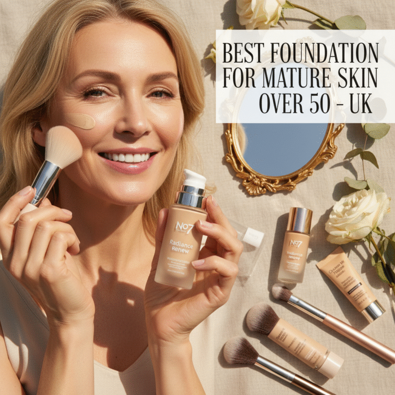 Mature woman applying UK foundation, radiant skin, elegant flat-lay, "Best Foundation for Over 50 – UK"