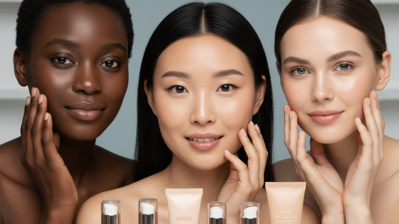 Diverse women with glowing skin and natural makeup promoting the best foundation for sensitive skin.