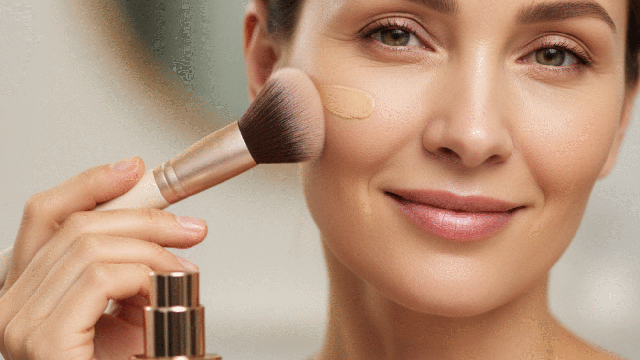 Mature woman applying foundation, showcasing smooth skin and elegant makeup in a modern, soft setting.