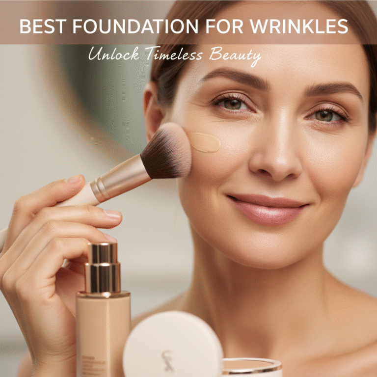 Mature woman applying foundation, showcasing smooth skin and elegant makeup in a modern, soft setting.