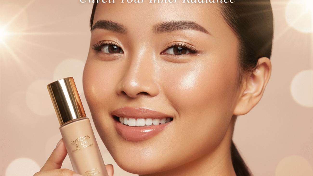 Stunning model with radiant, glowing skin holding foundation bottle, glowing makeup, luxe magazine style.