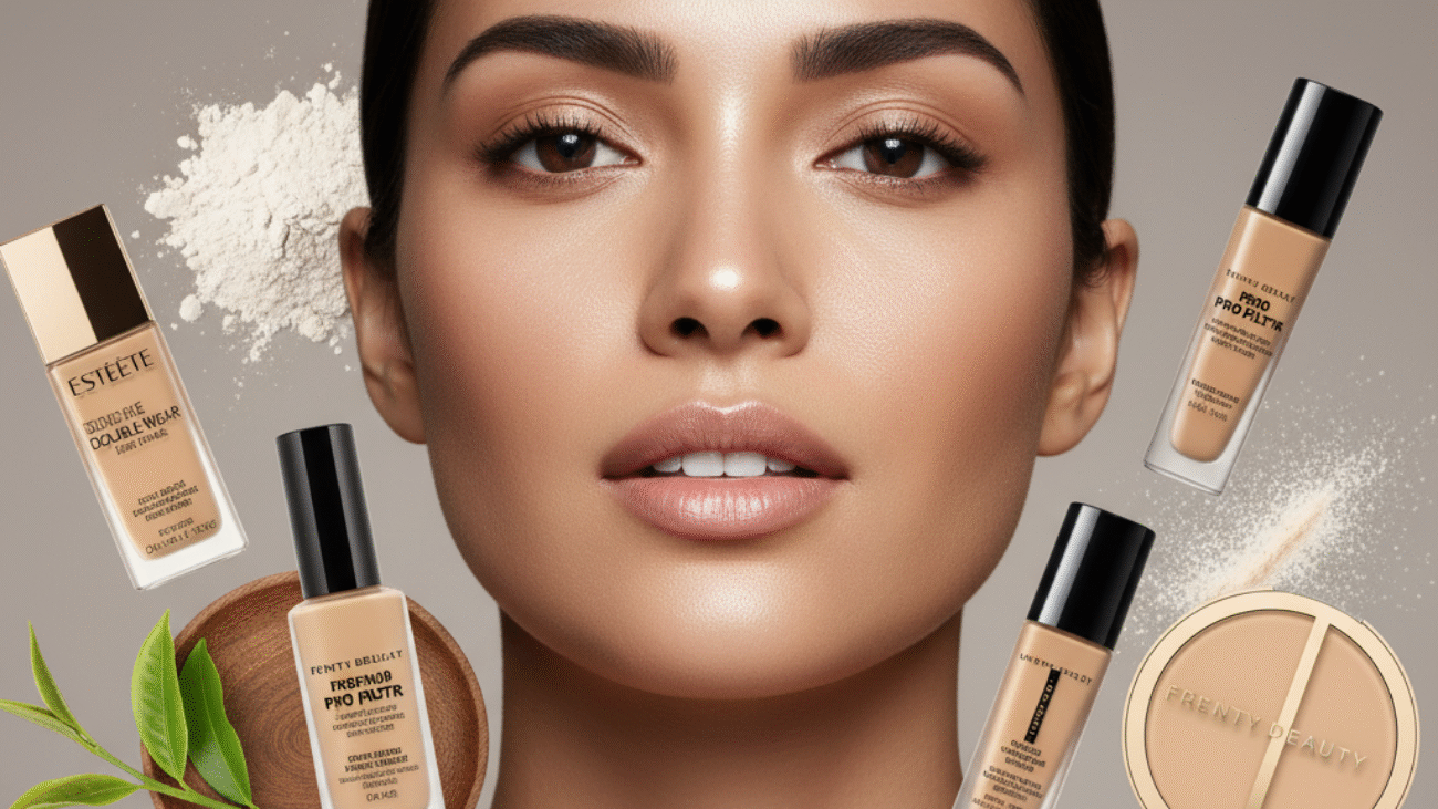 Magazine cover: flawless matte skin, top foundations for oily skin, natural ingredients, expert beauty tips