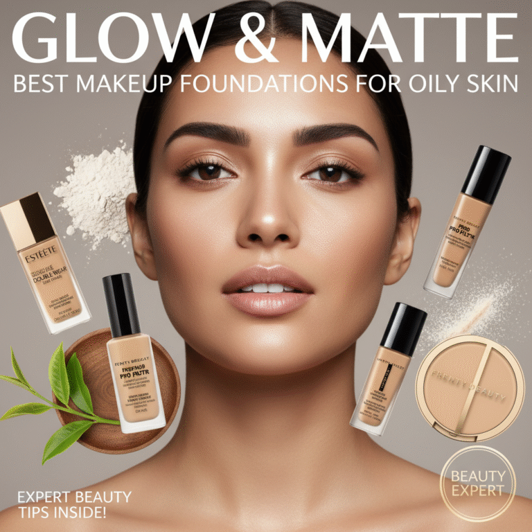 Magazine cover: flawless matte skin, top foundations for oily skin, natural ingredients, expert beauty tips