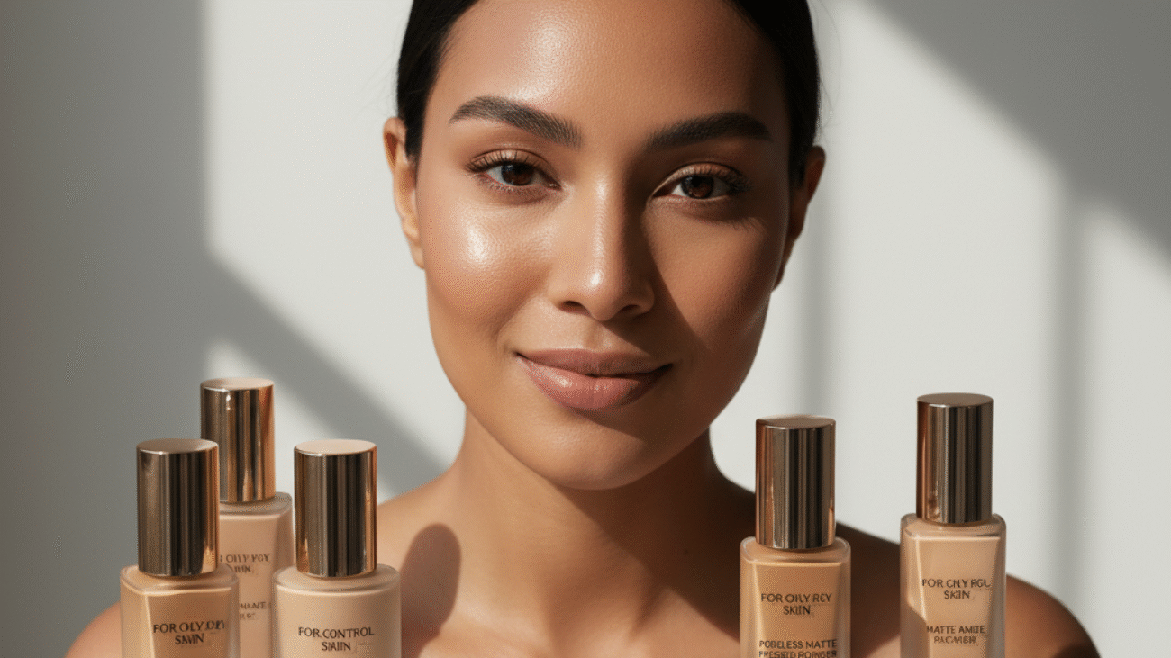 alt_text Diverse model with matte, glowing skin surrounded by oily-skin foundations on a soft, neutral background.