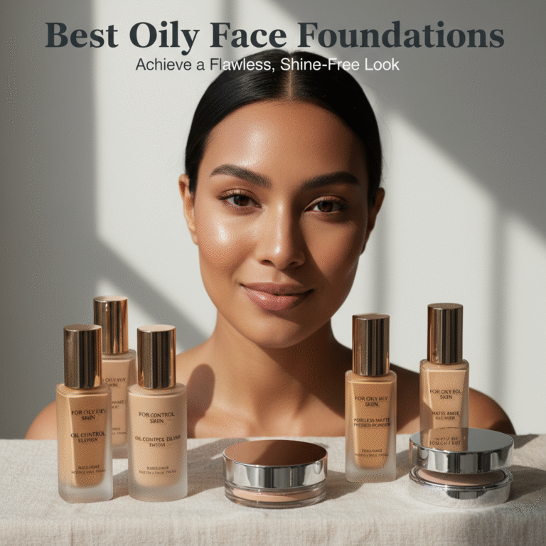 alt_text Diverse model with matte, glowing skin surrounded by oily-skin foundations on a soft, neutral background.