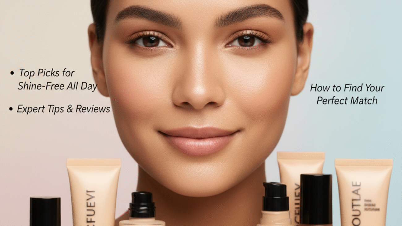 Confident model with matte skin, top foundations for oily skin, expert tips, and shine-free picks.