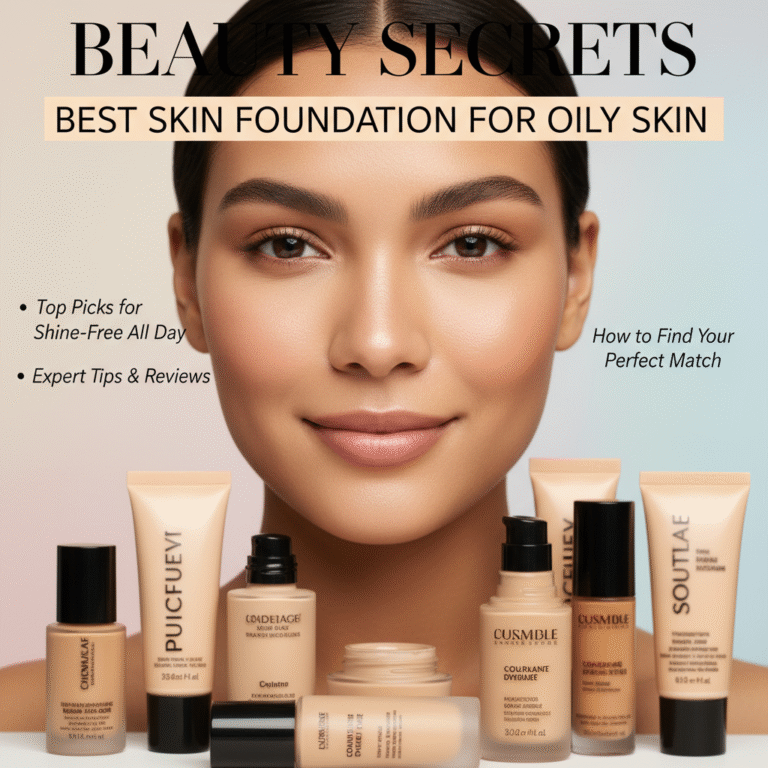 Confident model with matte skin, top foundations for oily skin, expert tips, and shine-free picks.