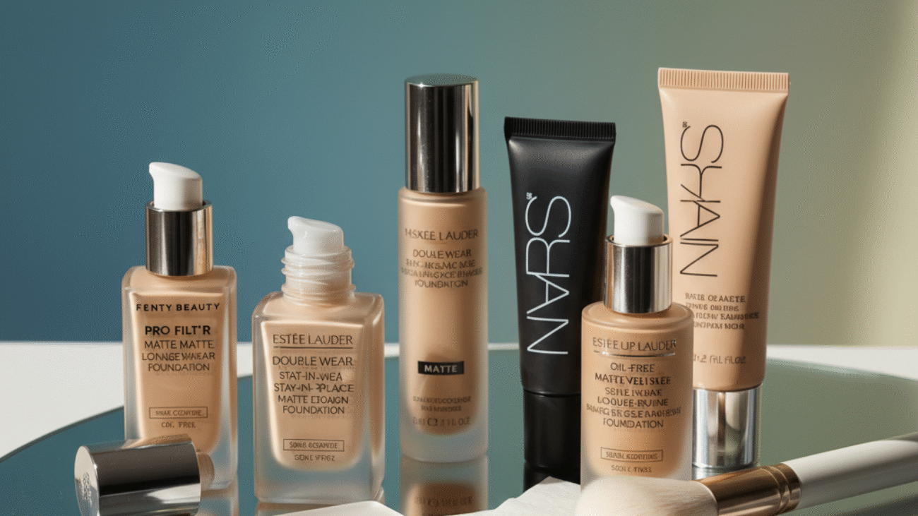 Foundation for Oily Skin: Top matte, oil-free picks arranged elegantly for shine-free beauty results.