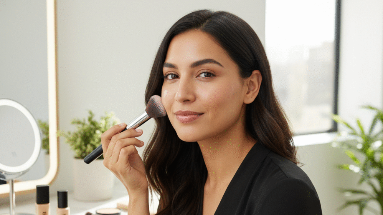 A woman applies foundation, showing an oily versus matte finish at a modern vanity, beauty ad style.