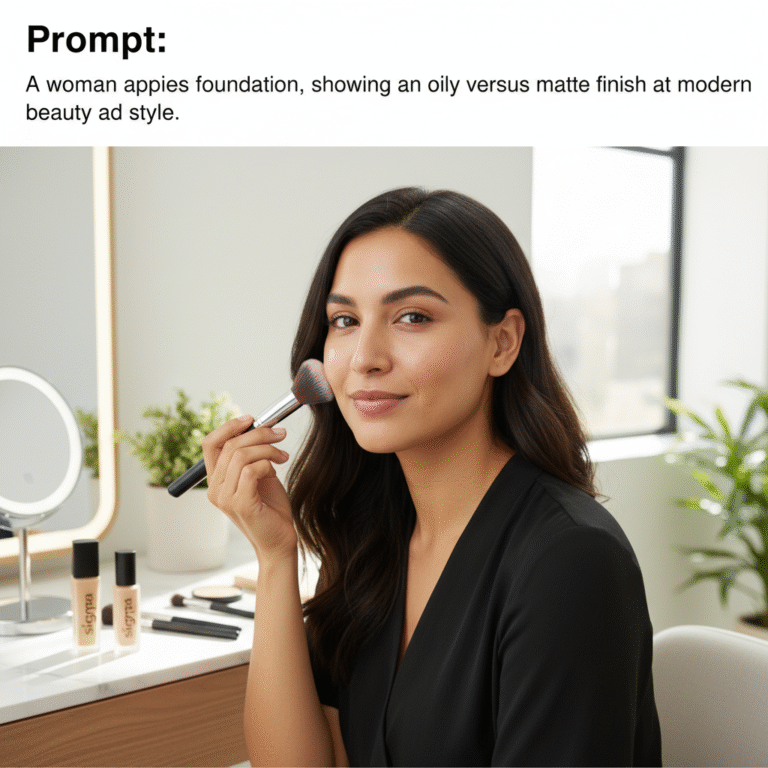 A woman applies foundation, showing an oily versus matte finish at a modern vanity, beauty ad style.