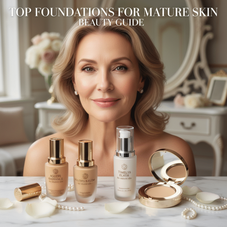 Elegant mature woman with radiant skin and luxury foundations, perfect for mature skin, on a vanity.