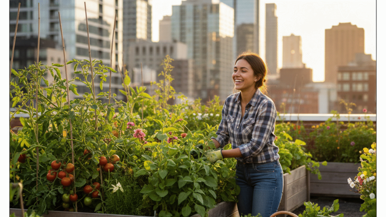 A vibrant urban rooftop garden tended by a young woman, framed by city skyscrapers in the background.