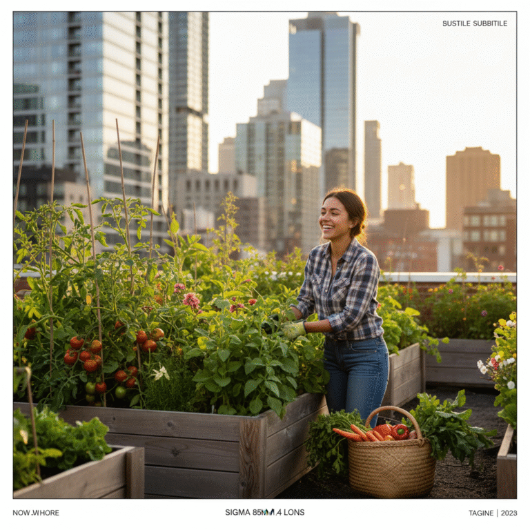 A vibrant urban rooftop garden tended by a young woman, framed by city skyscrapers in the background.