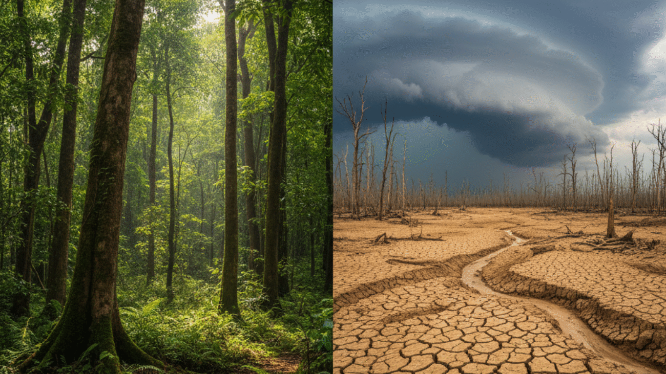 Cover image showing climate change: a green forest fading into a cracked, drought-stricken landscape.