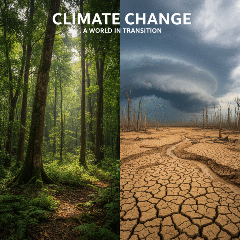Cover image showing climate change: a green forest fading into a cracked, drought-stricken landscape.